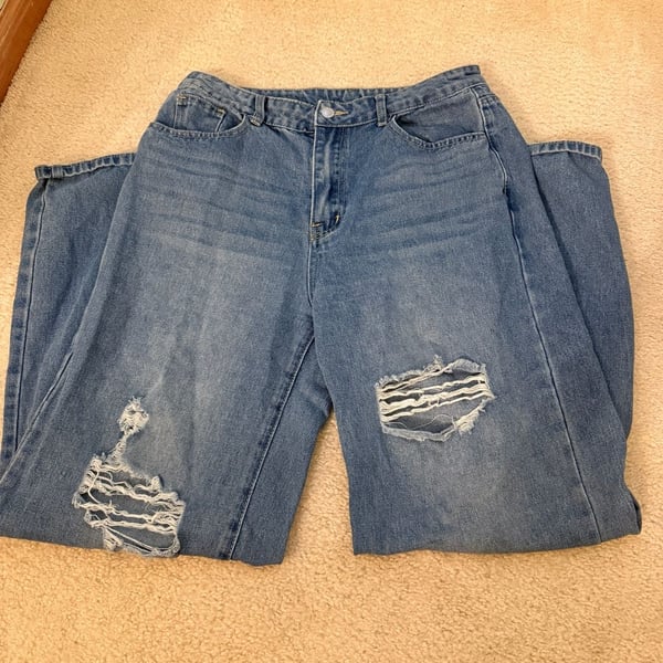 SHEIN Wide Leg Jeans Size 8/10 Blue Ripped Distressed Denim