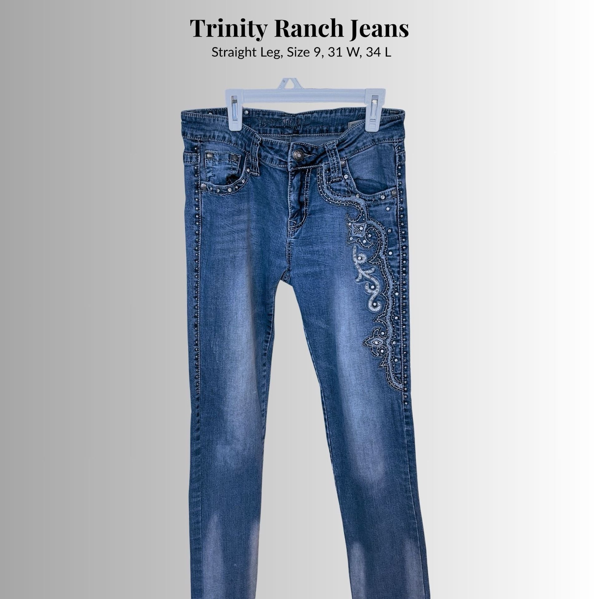 Trinity Ranch Jeans Rhinestone Embellished Western Denim Size 29x34 Blue 1