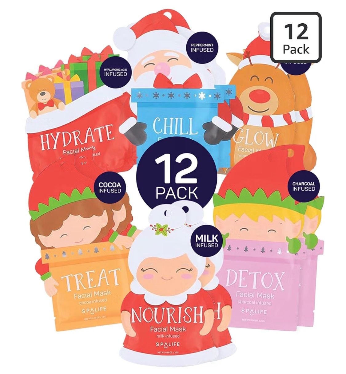 SpaLife Santa's Squad Facial Mask 12 Pack Holiday Skincare Set 1