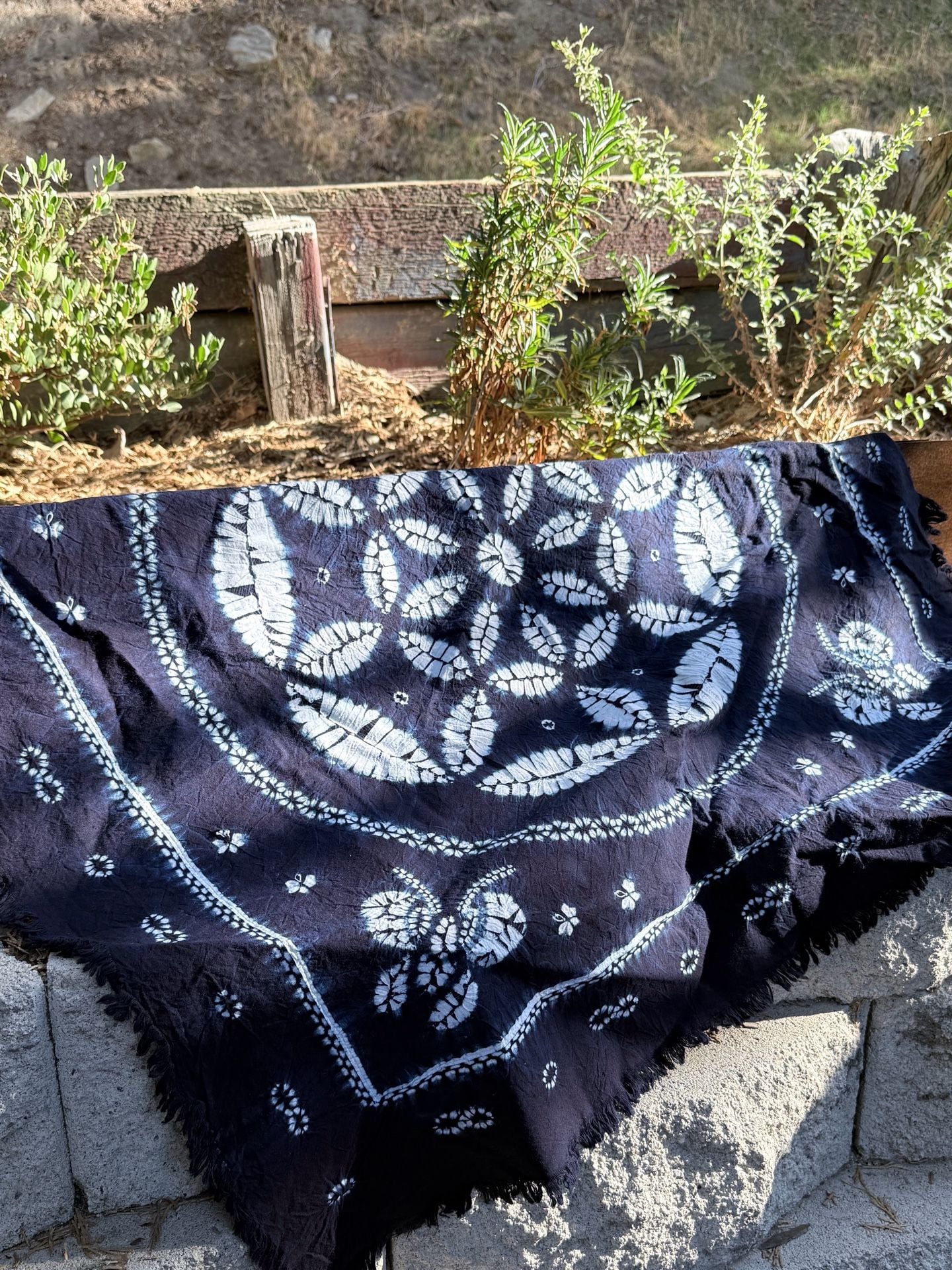 Indigo Shibori Tie Dye Cotton Tablecloth Tapestry Blue White Floral Fringed 1