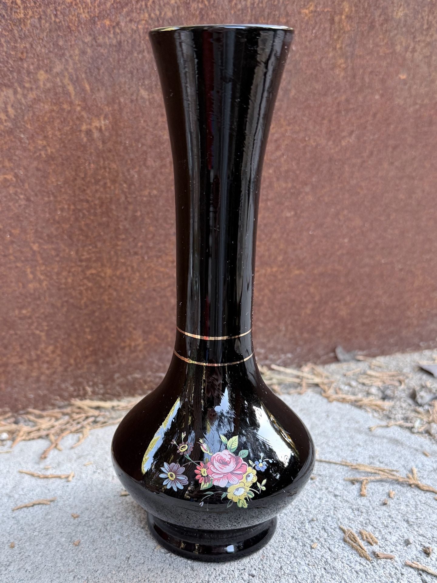 Vintage Black Amethyst Art Glass Bud Vase Hand Painted Floral 8 Inch 1