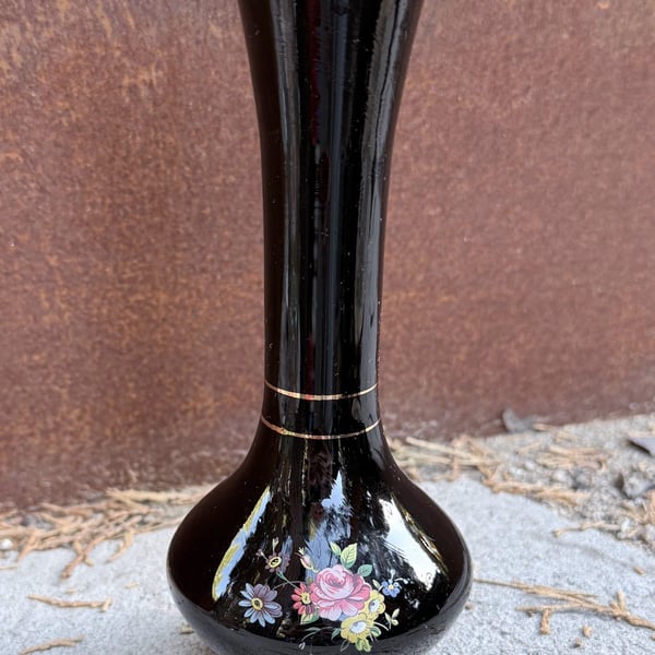 Vintage Black Amethyst Art Glass Bud Vase Hand Painted Floral 8 Inch