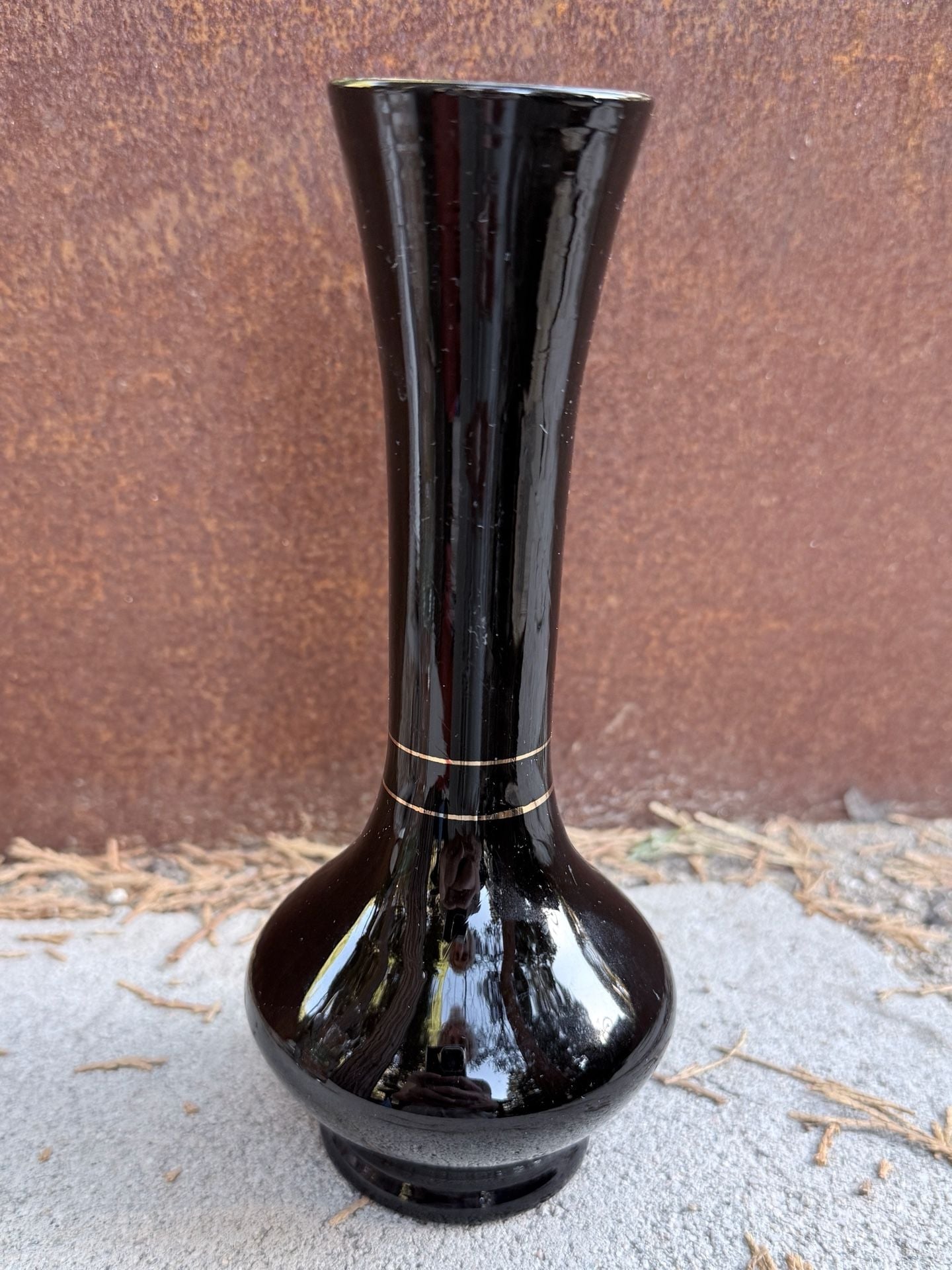 Vintage Black Amethyst Art Glass Bud Vase Hand Painted Floral 8 Inch 2