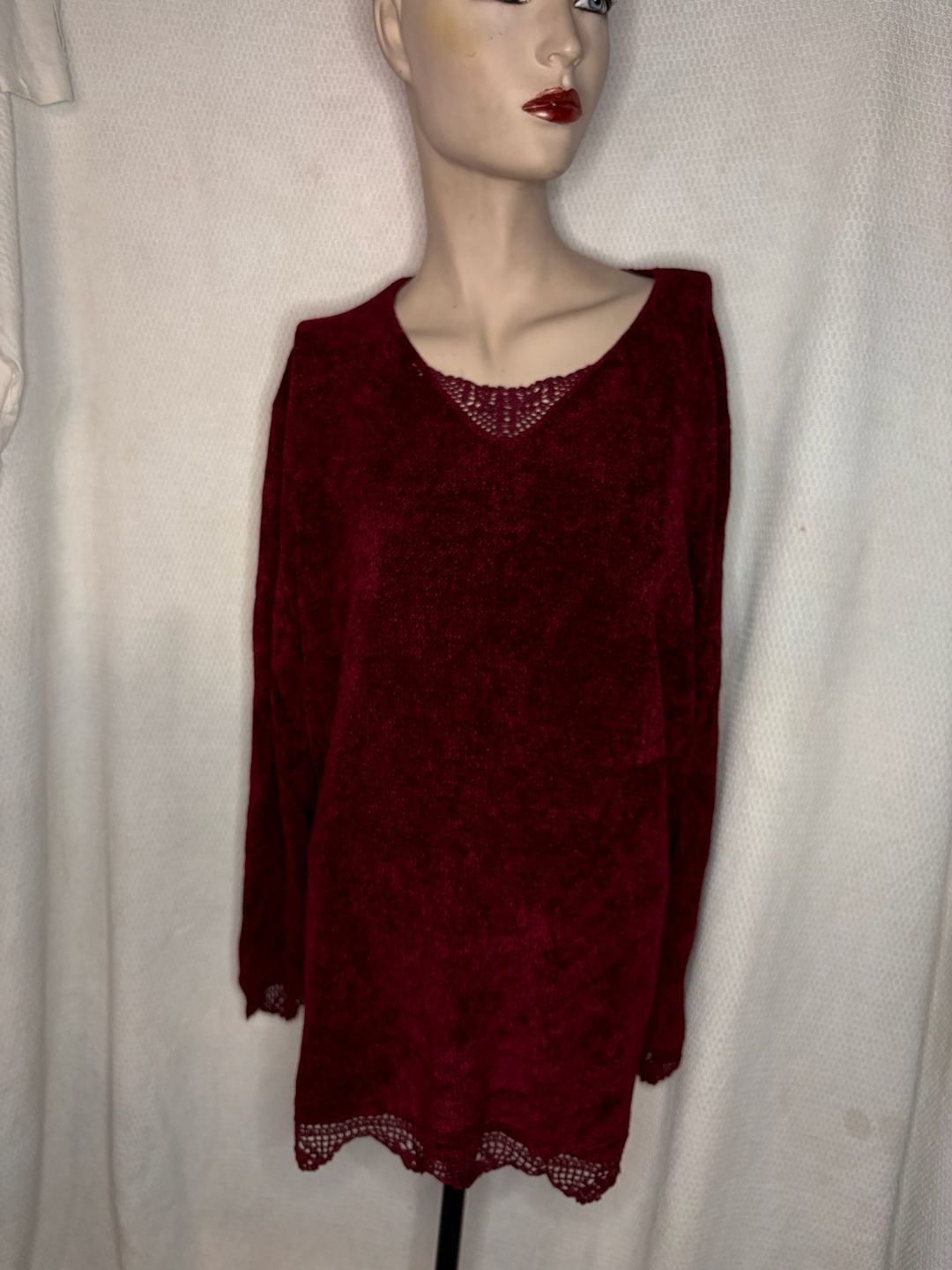 Coldwater Creek Sweater Size XL Red Chenille Lace Trim Tunic 2