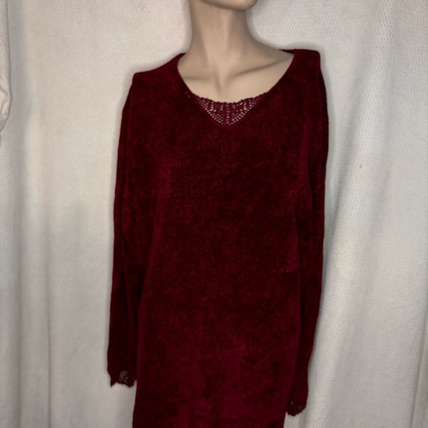 Coldwater Creek Sweater Size XL Red Chenille Lace Trim Tunic