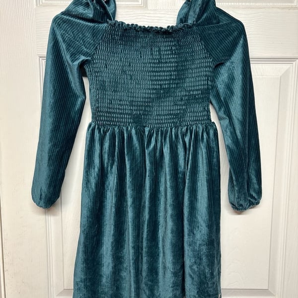 Tahari Velvet Dress Size 8 Teal Long Sleeve Smocked Square Neck