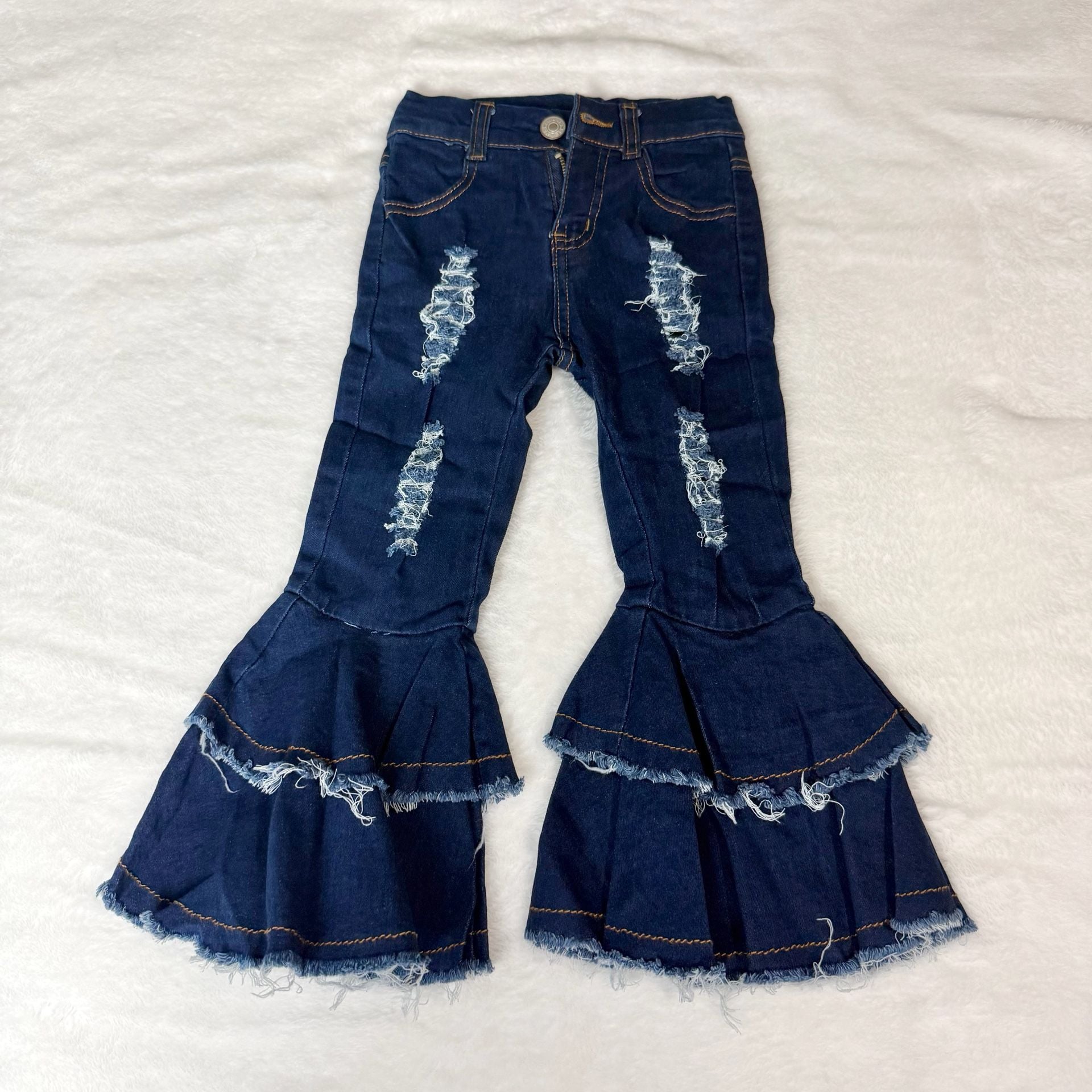 Unbranded Distressed Double Ruffle Bell Bottom Jeans Size 2T Dark Blue 2