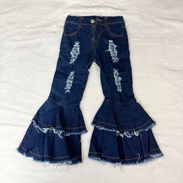 Unbranded Distressed Double Ruffle Bell Bottom Jeans Size 2T Dark Blue