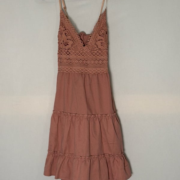 Boho Crochet Lace Tiered Mini Dress Pink Sleeveless Backless Sundress