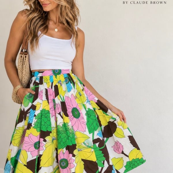 Hello Dahlia By Claude Brown Floral Midi Skirt Size 4 Multi Cotton