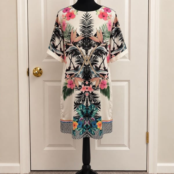 Capulet Tropical Print Short Sleeve Crew Neck Shift Dress Ivory