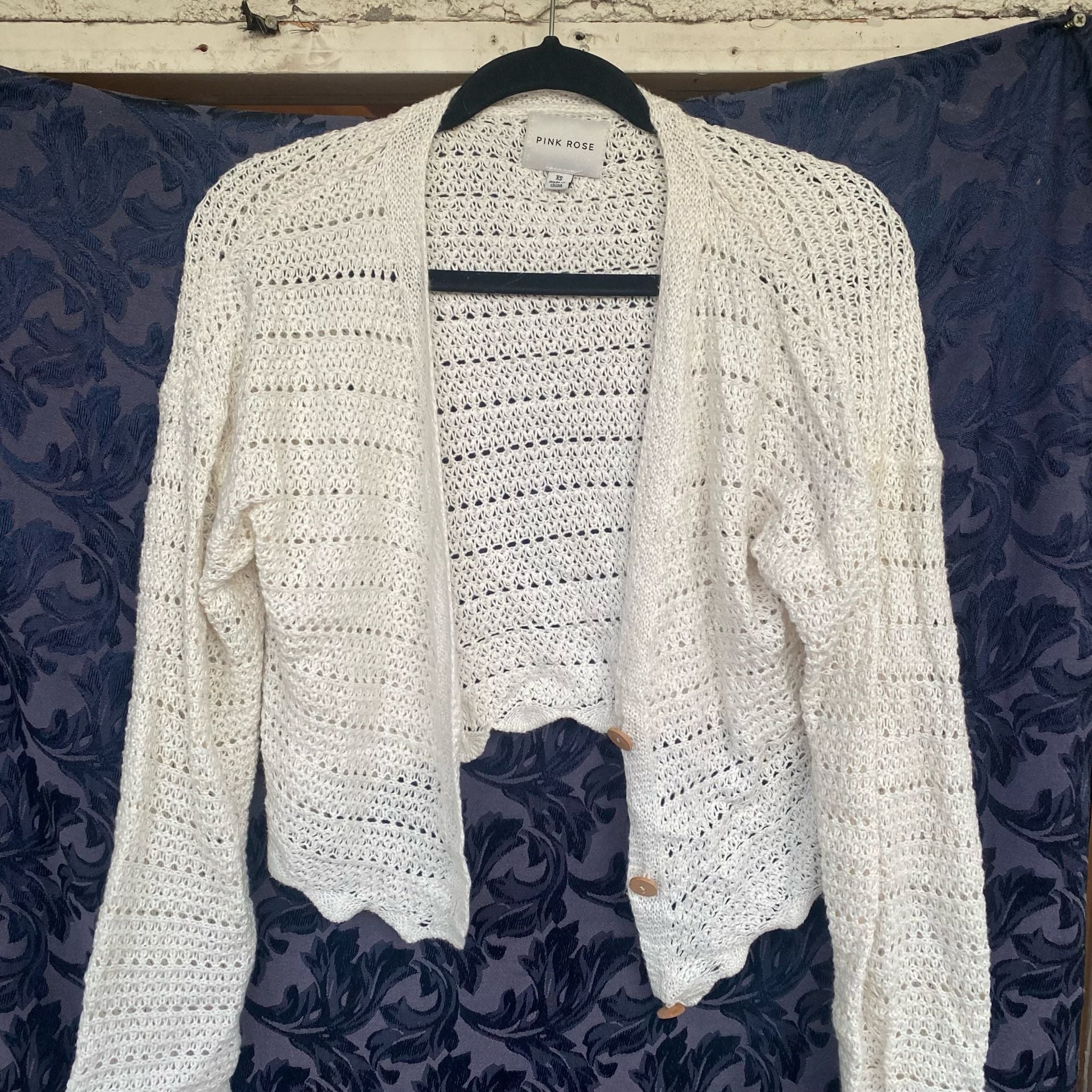 Pink Rose Cardigan Size XS White Open Knit Sweater 1