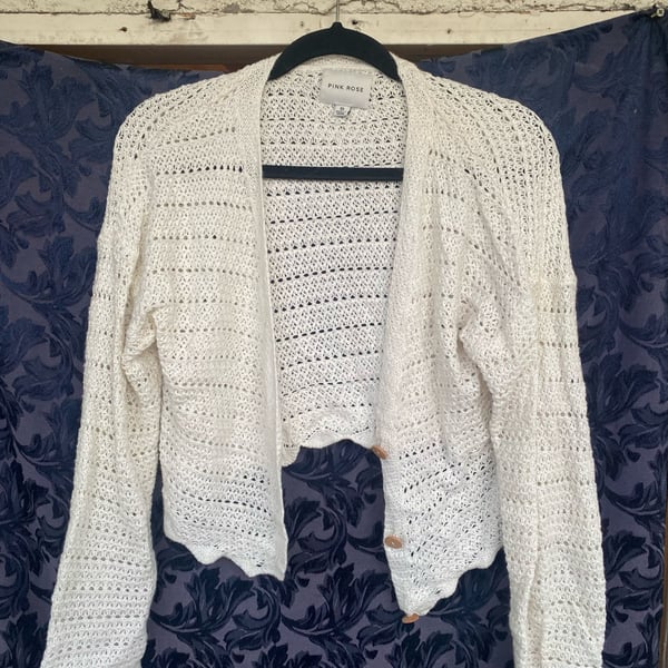 Pink Rose Cardigan Size XS White Open Knit Sweater