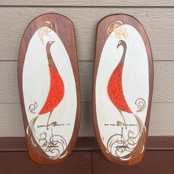 🔥 Vintage 1960s MID-CENTURY Wall Hangings Belart Pair of Peacocks On Walnut MCM