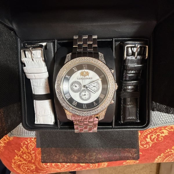 Luxurman Liberty Diamond Watch White MOP Chronograph with Extra Straps
