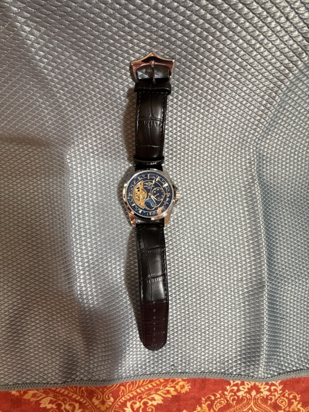 Breitling Automatic Mechanical Skeleton Luxury Watch Black Leather Strap 2