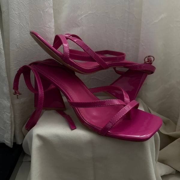 Pink Patent Leather Strappy Block Heel Sandals