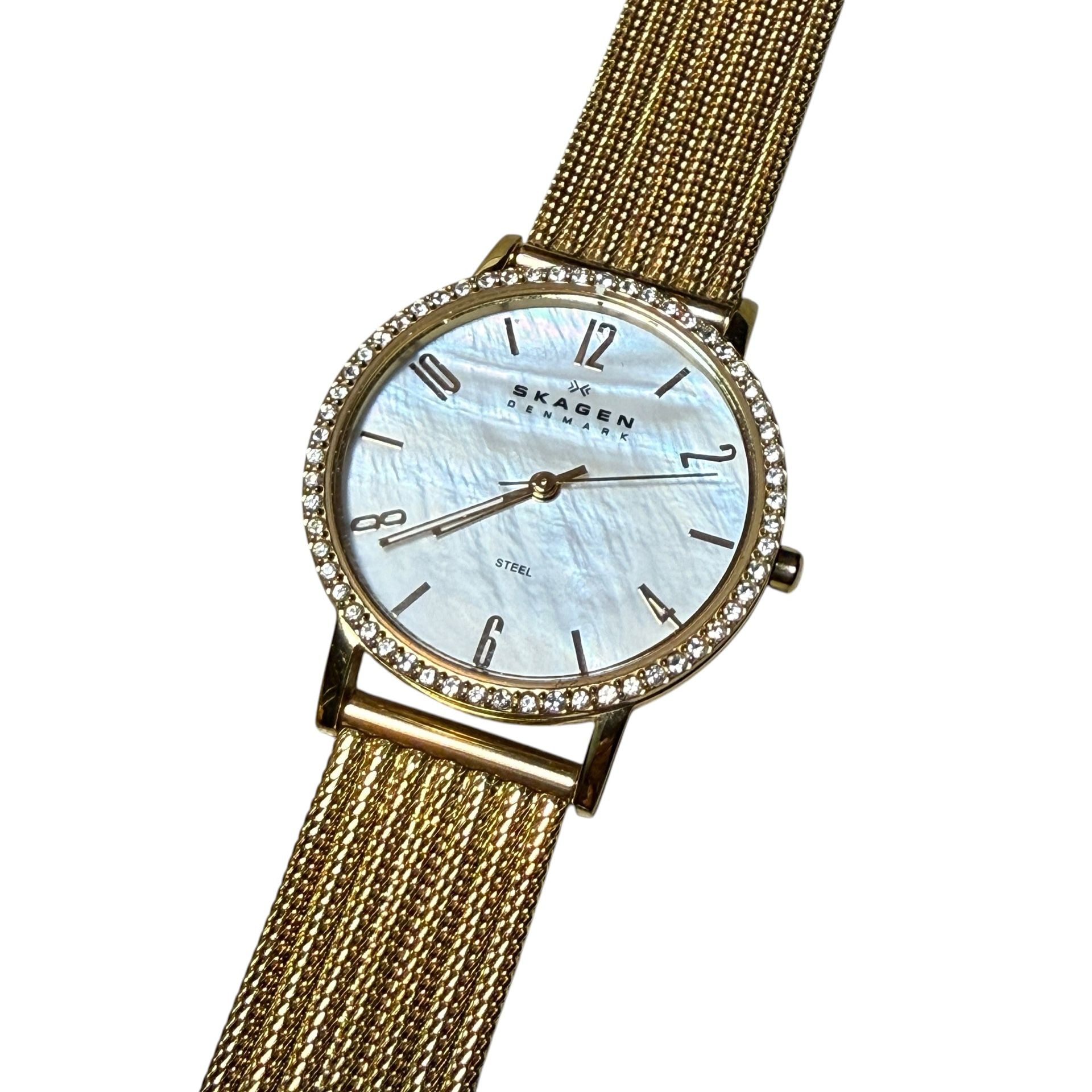 Skagen Denmark 922SGGG Gold Tone Mother Of Pearl Crystal Watch 2