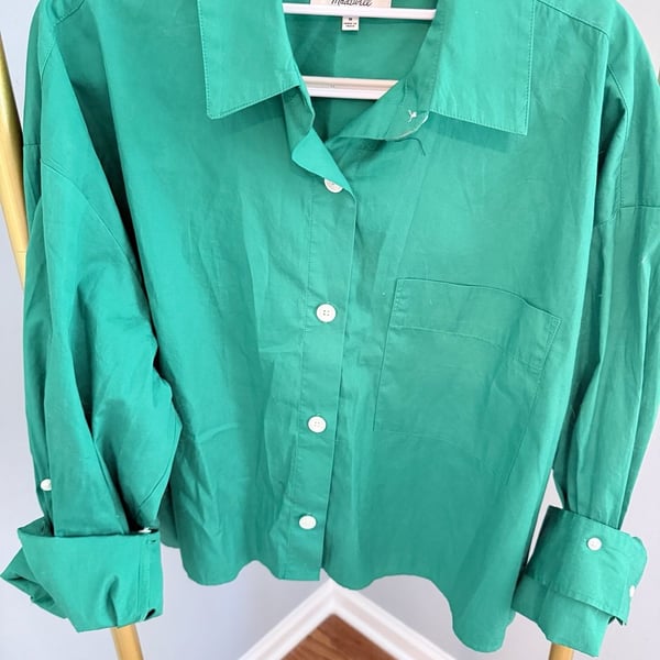 Madewell Poplin Straight-Hem Shirt Size M Green Cotton Button-Down
