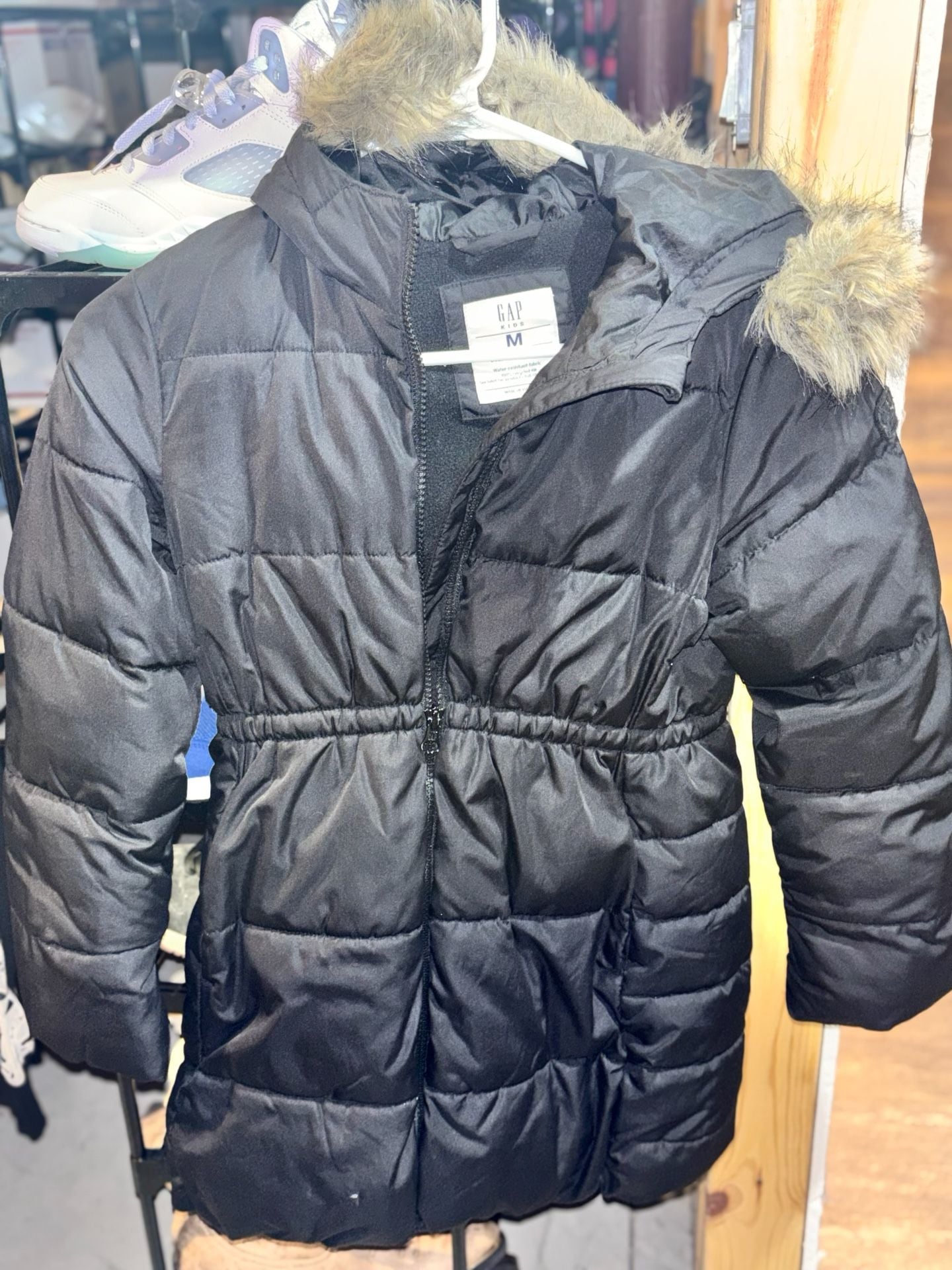 Gap Kids Puffer Jacket Size M Black Coldcontrol Max Hood Faux Fur 2