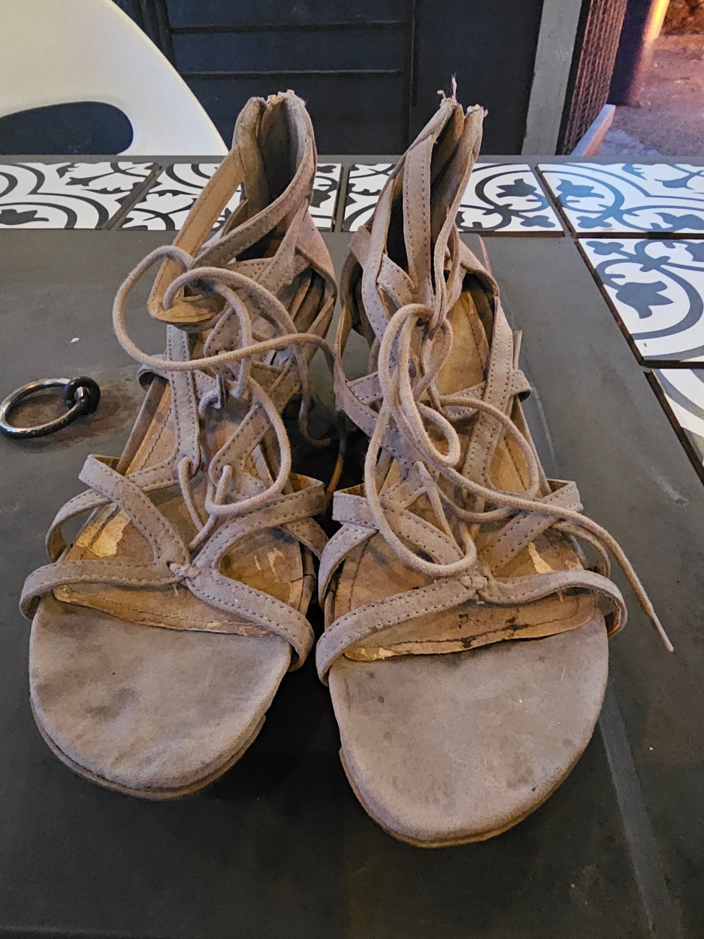 Gentle Souls Lace Up Heeled Sandals Taupe Suede 2