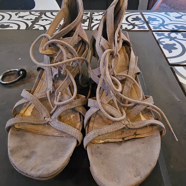 Gentle Souls Lace Up Heeled Sandals Taupe Suede