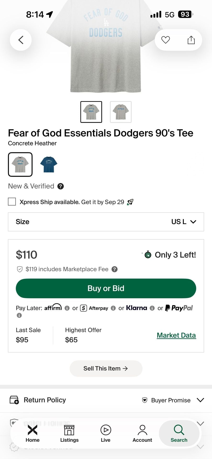 Fear Of God Essentials Dodgers 90's Fit T-Shirt Size L Gray 7