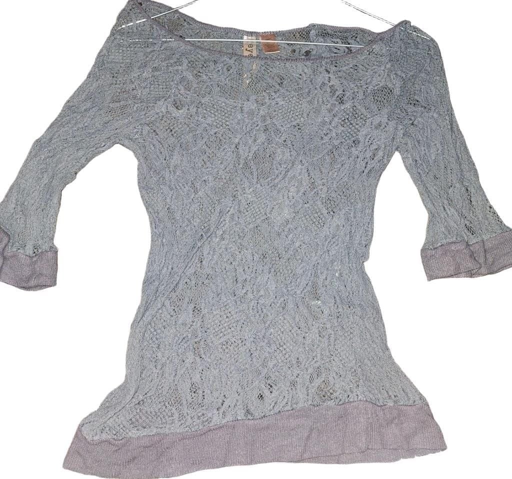Free People Blouse Medium Grey Lace Floral Peplum 3/4 Sleeve Top 2