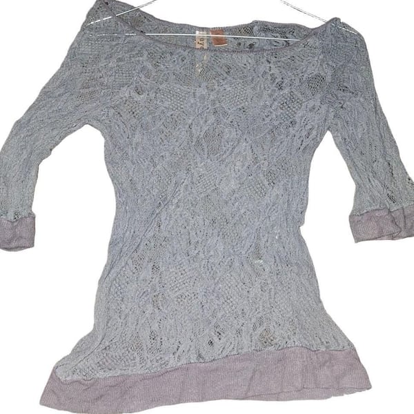 Free People Blouse Medium Grey Lace Floral Peplum 3/4 Sleeve Top 