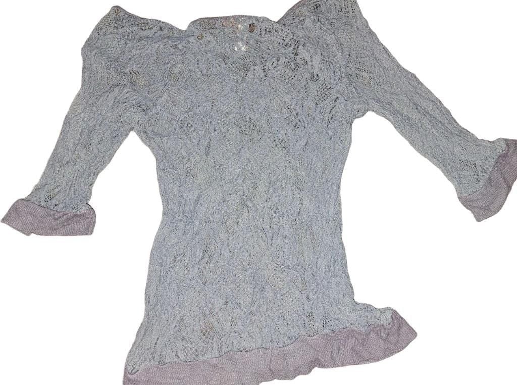 Free People Blouse Medium Grey Lace Floral Peplum 3/4 Sleeve Top 4
