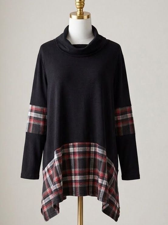 Bloomchic Plaid Cowl Neck Tunic Top Shirt Black Long Sleeve Size 12 Large 2