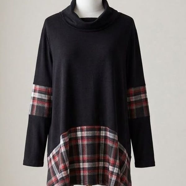 Bloomchic Plaid Cowl Neck Tunic Top Shirt Black Long Sleeve Size 12 Large