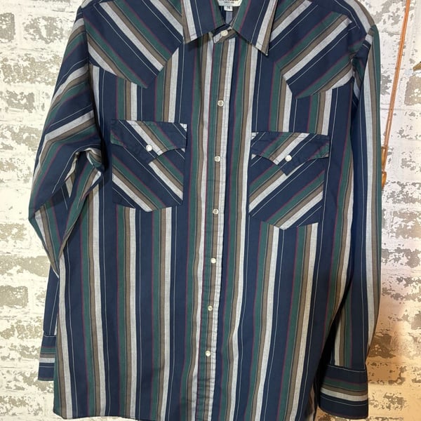 VTG USA Ely Cattleman Shirt Large Western Pearl Snap Blue Plaid Cowboy Rodeo