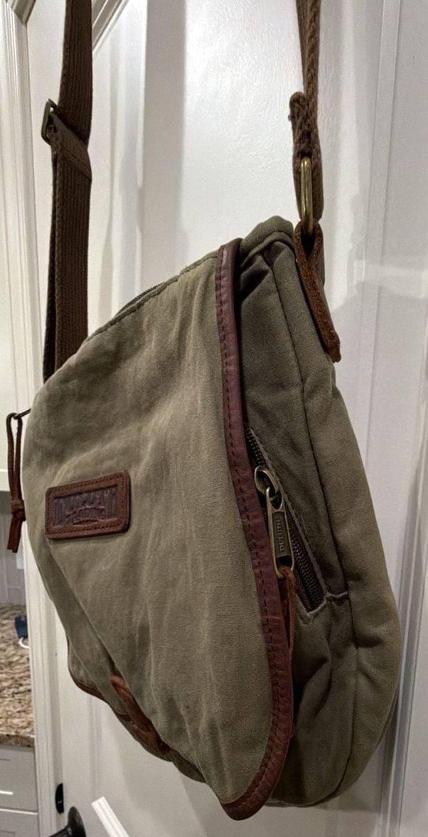 Duluth Trading Canvas Crossbody Bag Olive Green Leather Trim 6