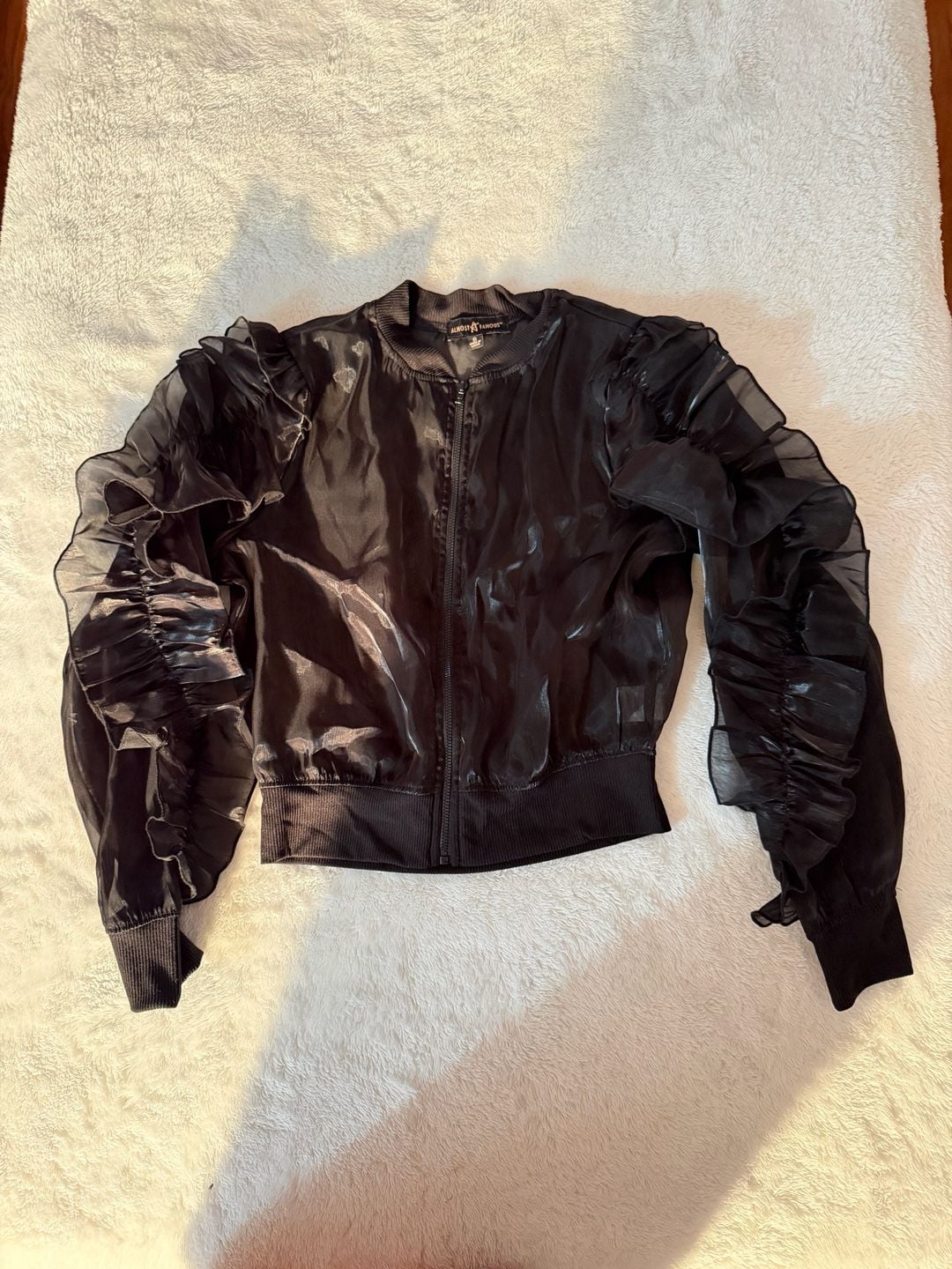Almost Famous Bomber Jacket Size S Black Ruffle Sheer Zip Up Lightweight 2