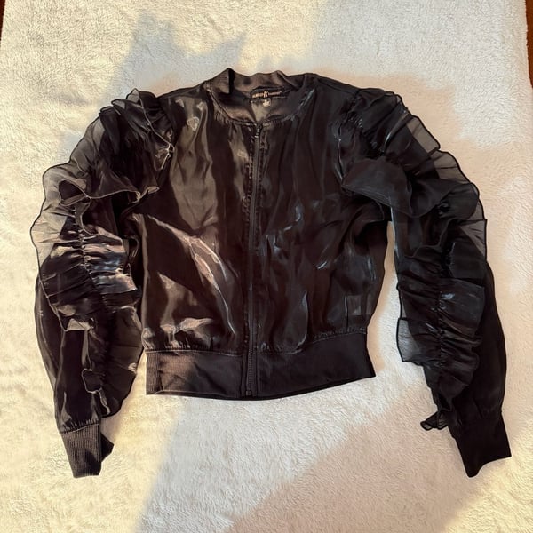 Almost Famous Bomber Jacket Size S Black Ruffle Sheer Zip Up Lightweight