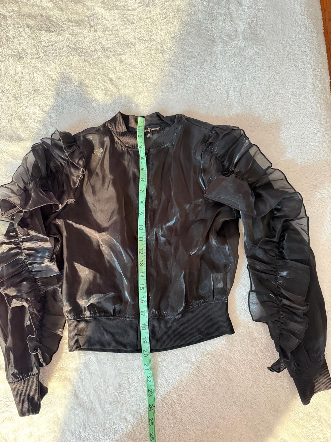 Almost Famous Bomber Jacket Size S Black Ruffle Sheer Zip Up Lightweight 4