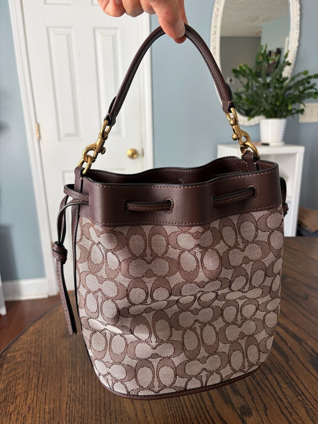 Coach Signature Jacquard Field Bucket Bag Brown Canvas Leather 2