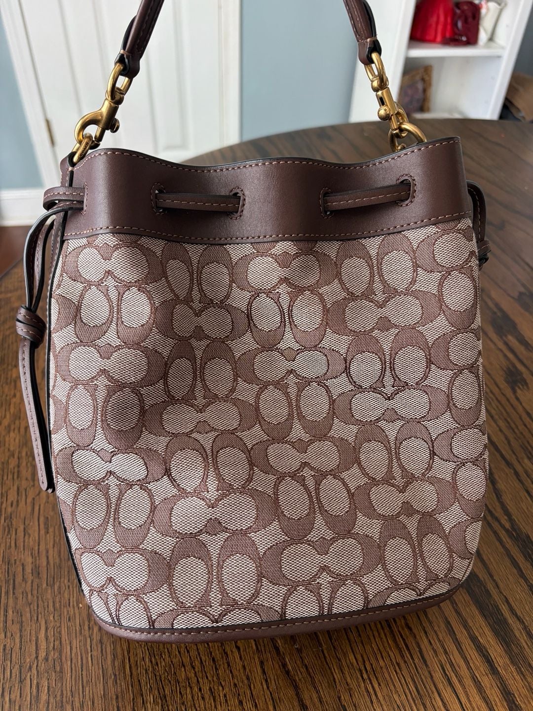 Coach Signature Jacquard Field Bucket Bag Brown Canvas Leather 3