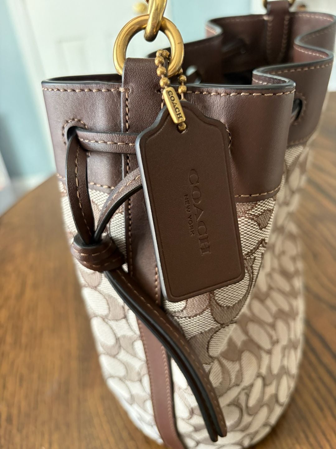 Coach Signature Jacquard Field Bucket Bag Brown Canvas Leather 4