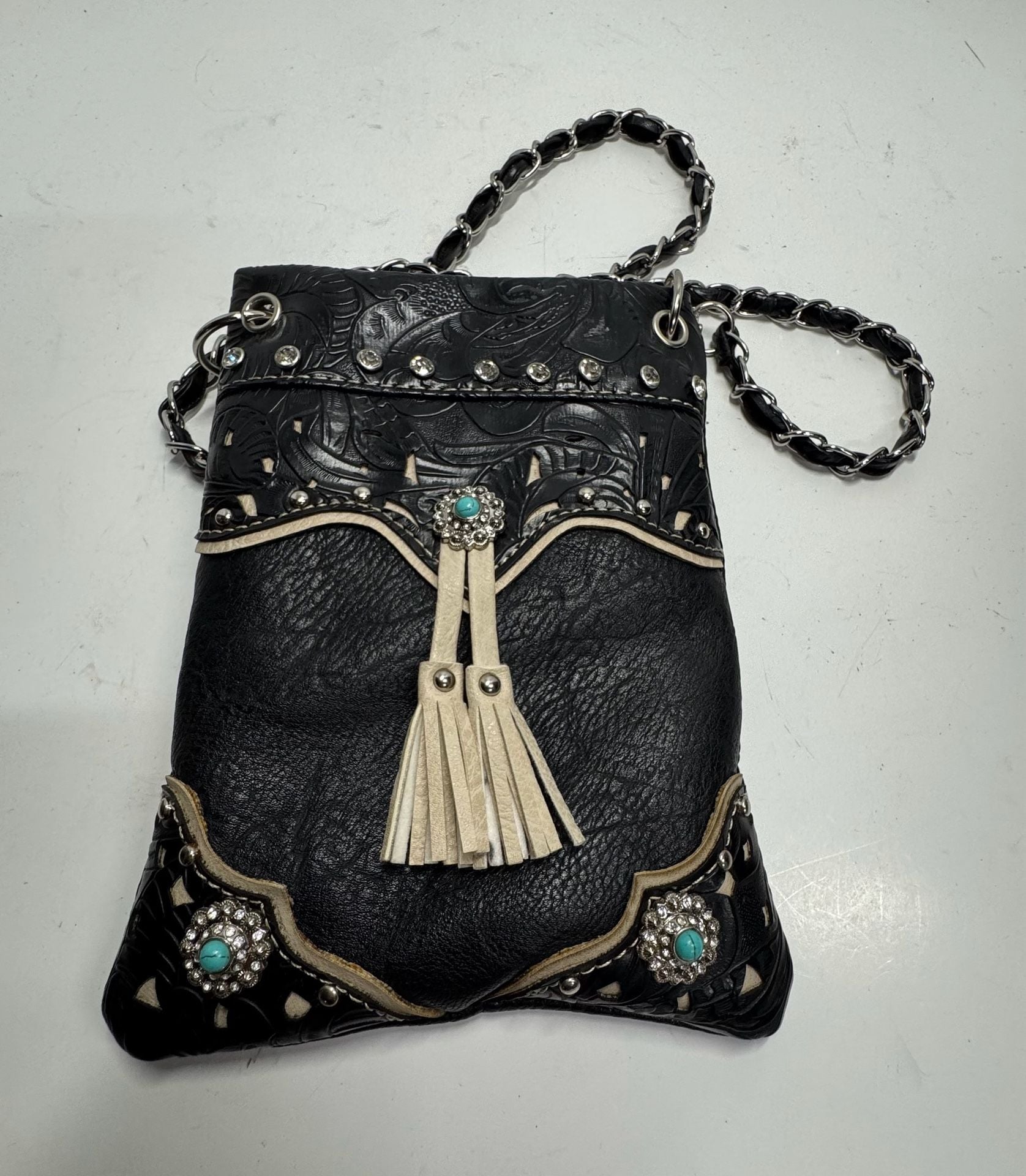 Western Turquoise Stone Concho Tassel Crossbody Purse 2
