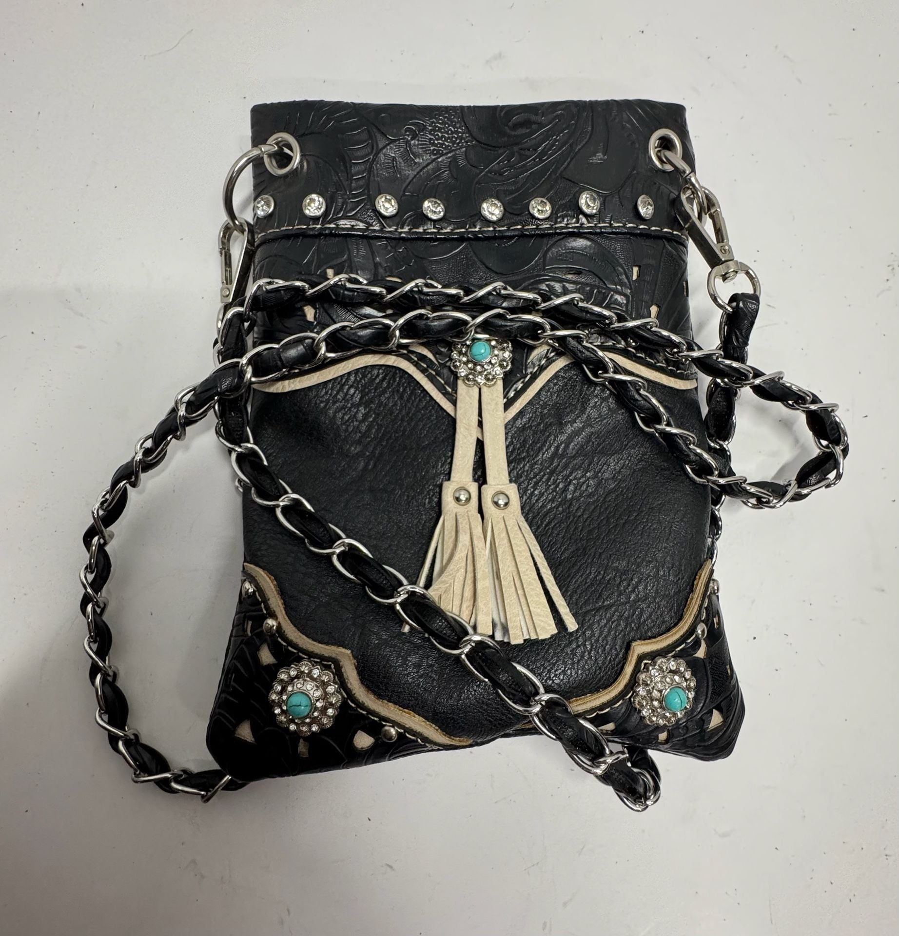 Western Turquoise Stone Concho Tassel Crossbody Purse 7