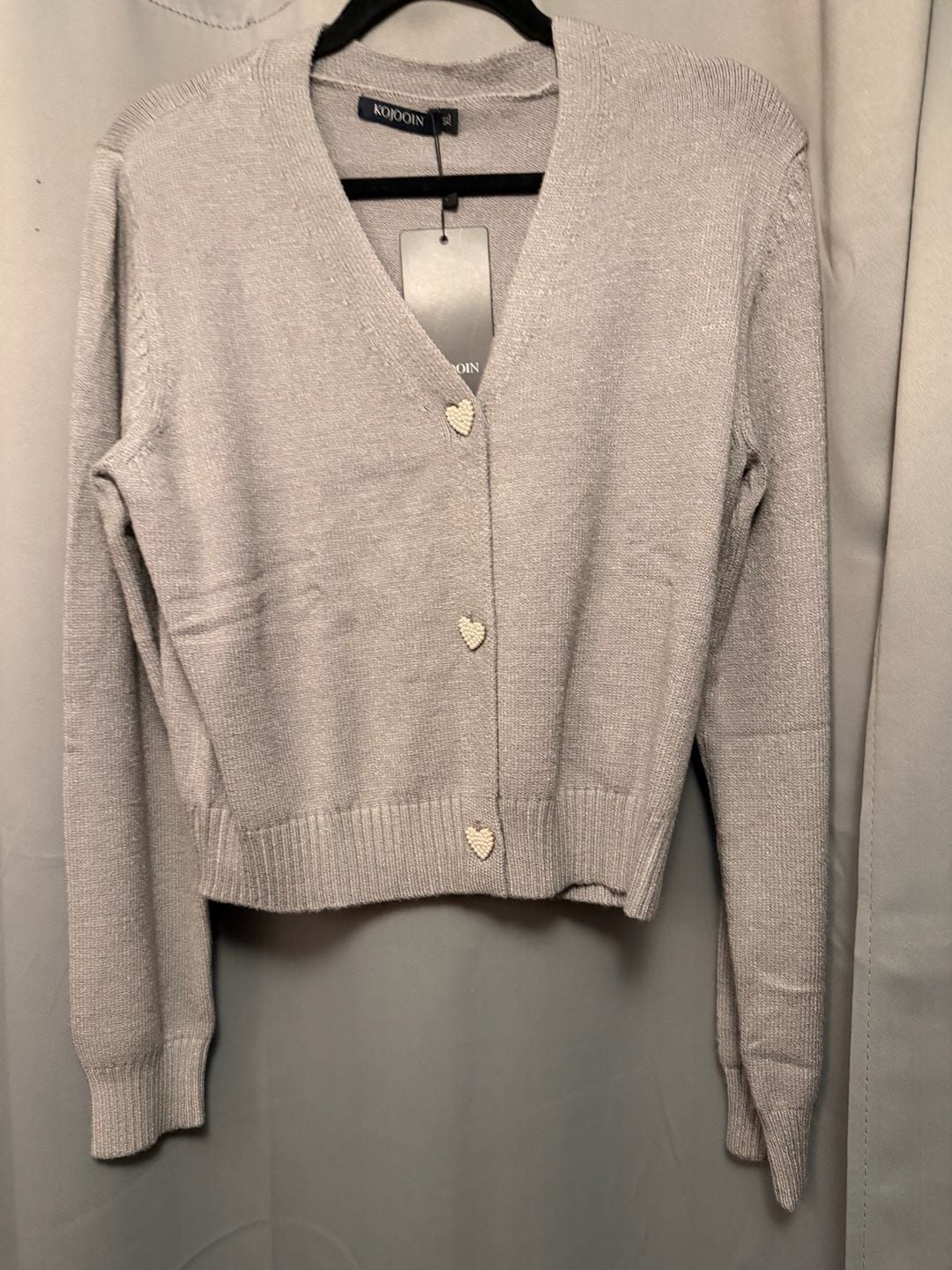 KOJOON V Neck Heart Button Cardigan Sweater Gray Size XL 3