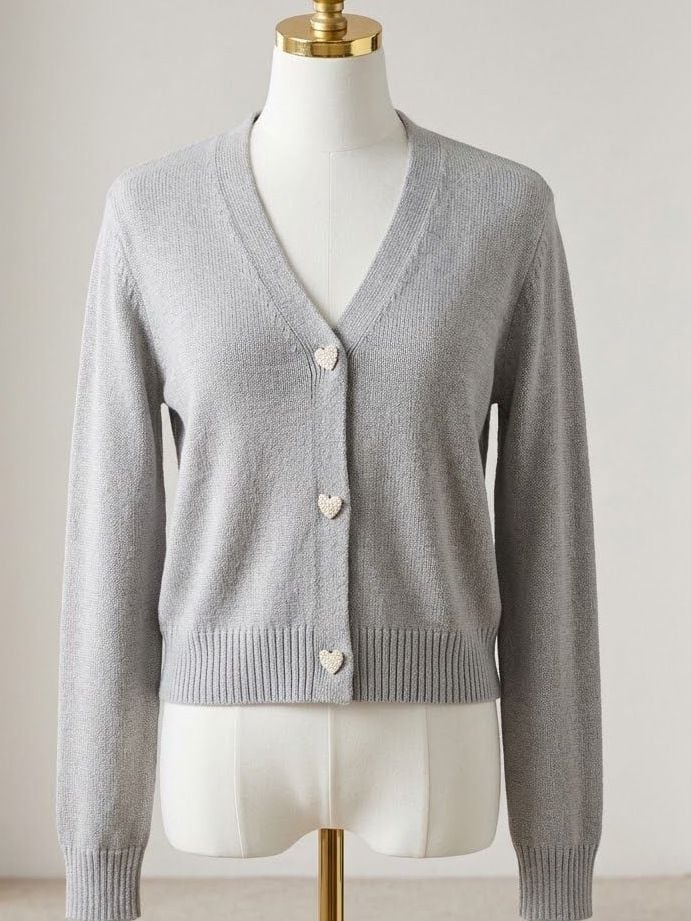 KOJOON V Neck Heart Button Cardigan Sweater Gray Size XL 2