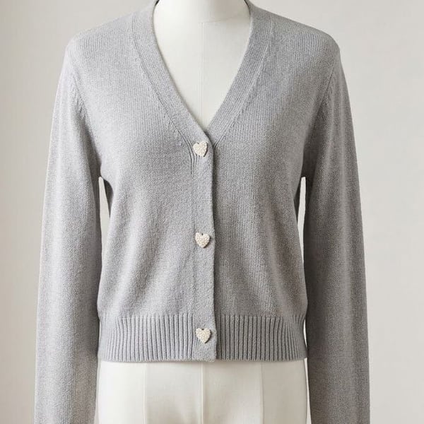 KOJOON V Neck Heart Button Cardigan Sweater Gray Size XL