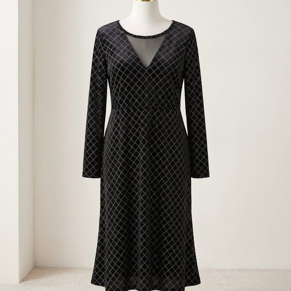 BloomChic Black Diamond Pattern Velvet Midi Dress Size US 12 Large 