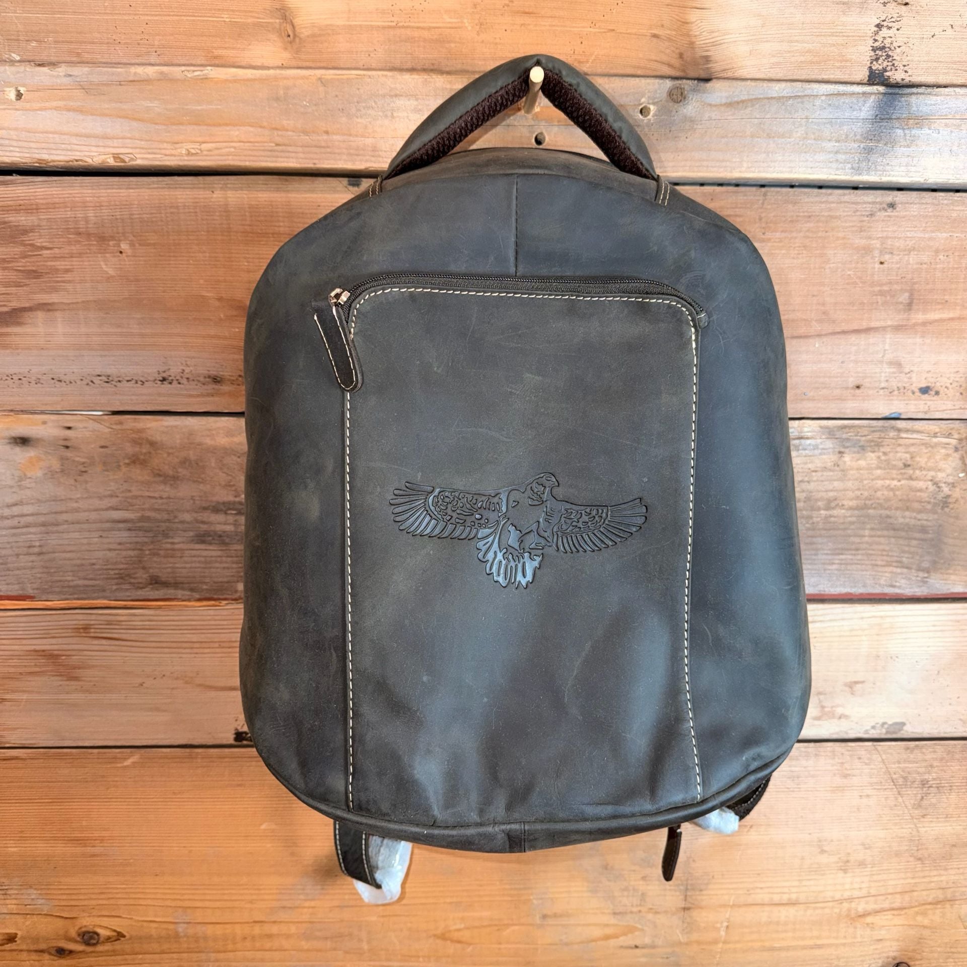 Vintage Eagle Embossed Leather Backpack Dark Brown 15 Inches 2