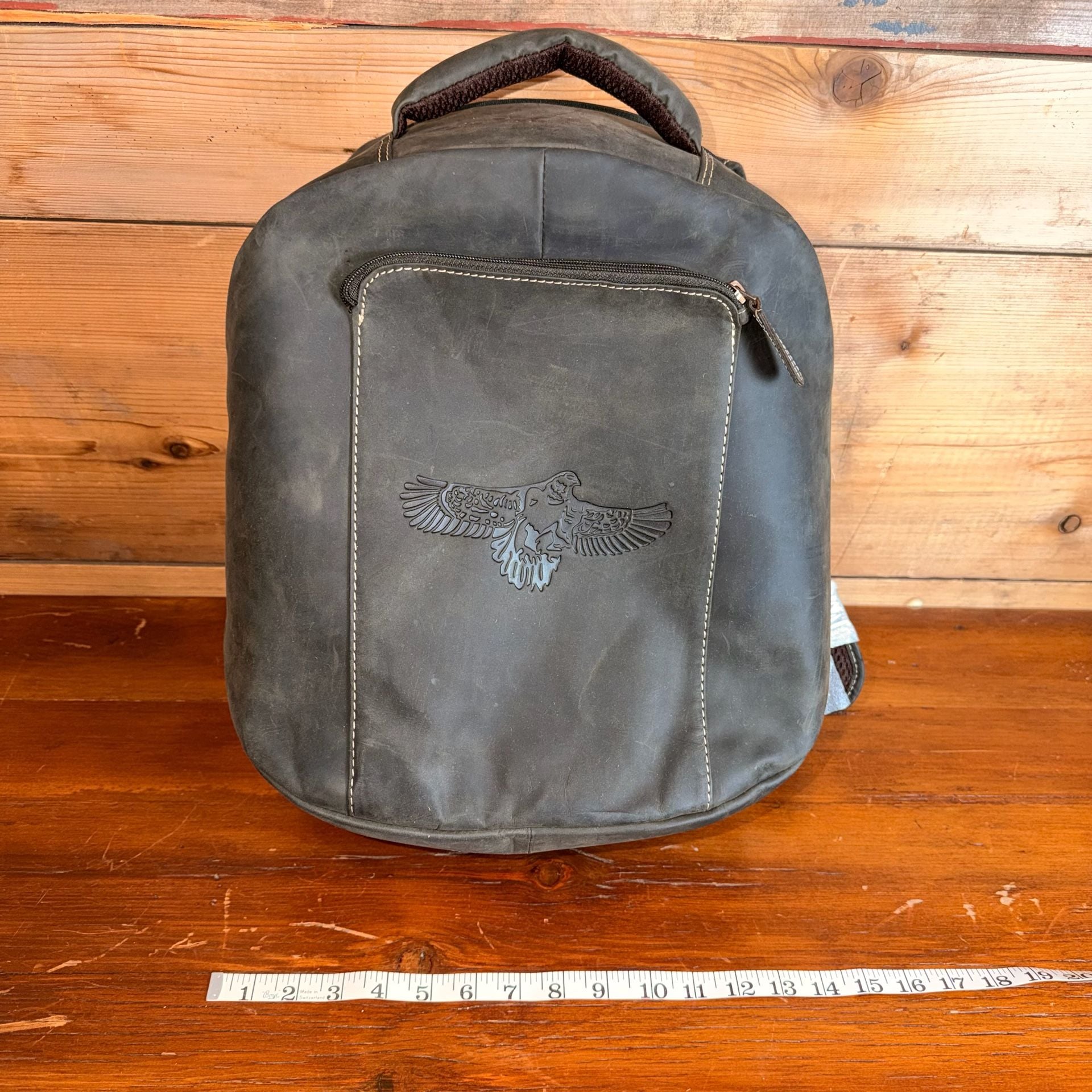 Vintage Eagle Embossed Leather Backpack Dark Brown 15 Inches 6