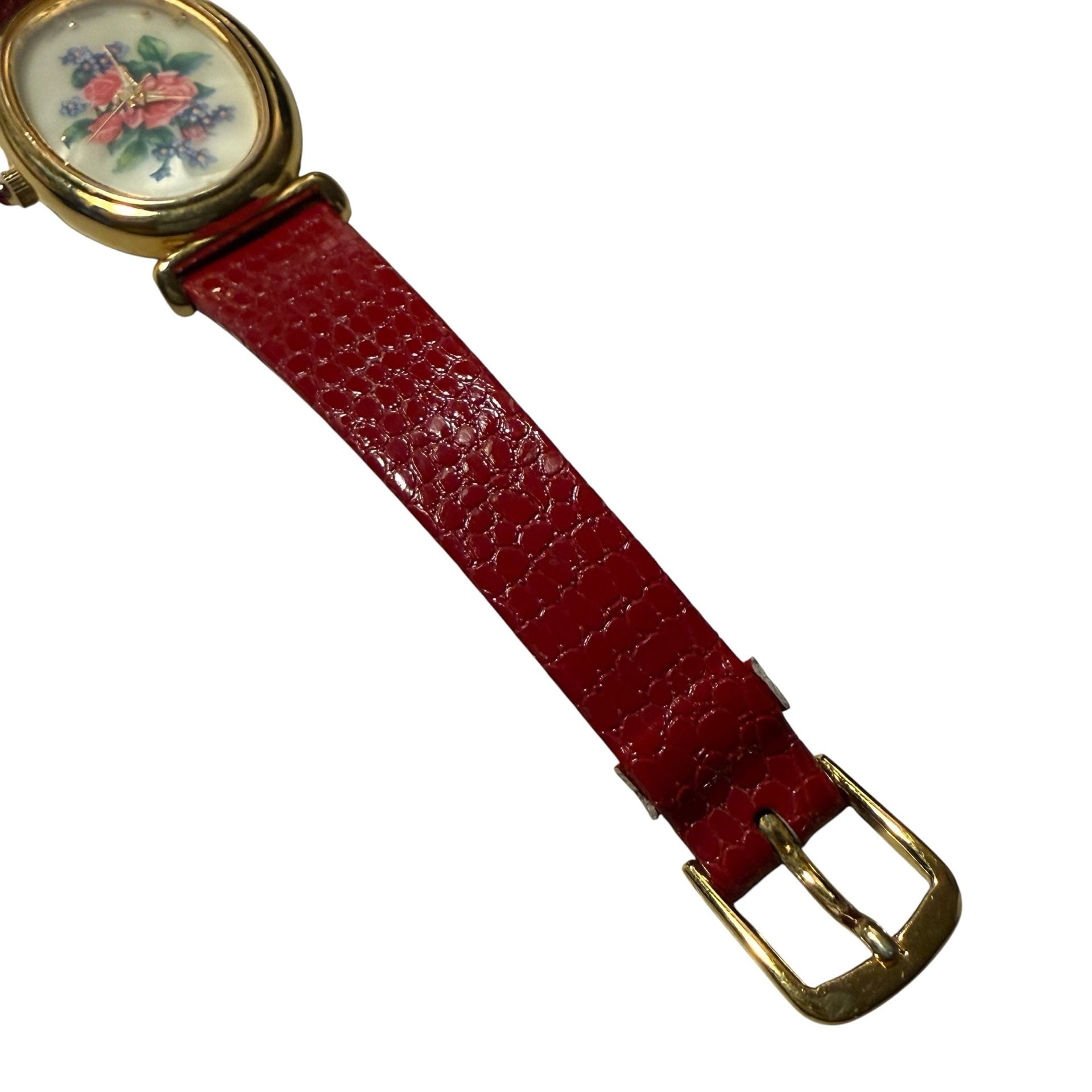 Avon Vintage Floral Dial Watch Red Leather Strap Gold Tone 9