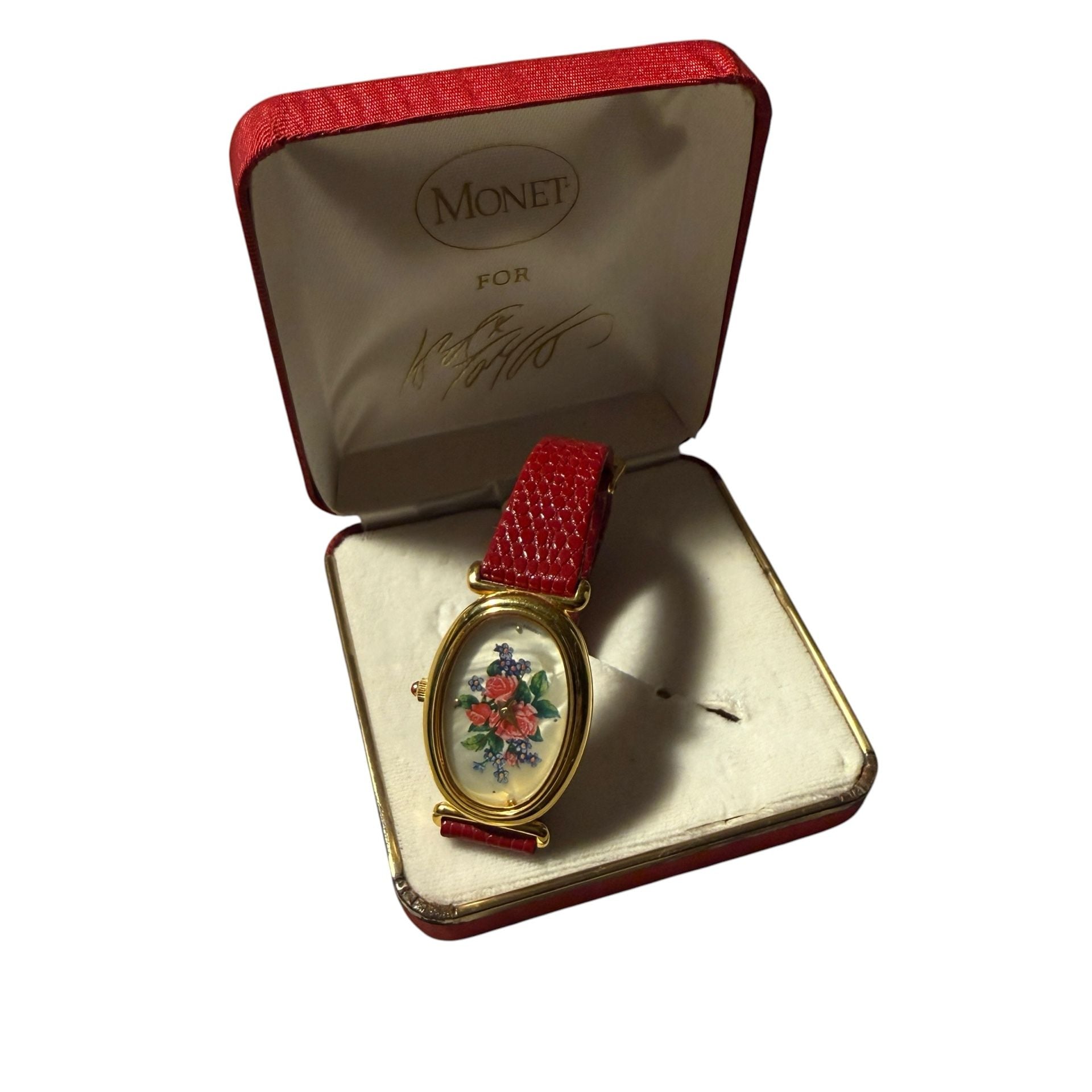 Avon Vintage Floral Dial Watch Red Leather Strap Gold Tone 10